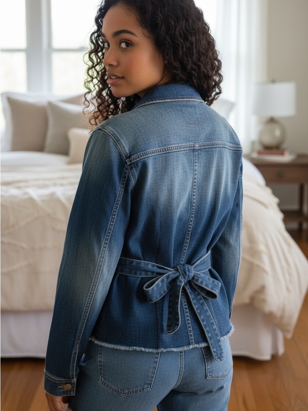 CAbi Blue Denim Jean Jacket with Tie-Back